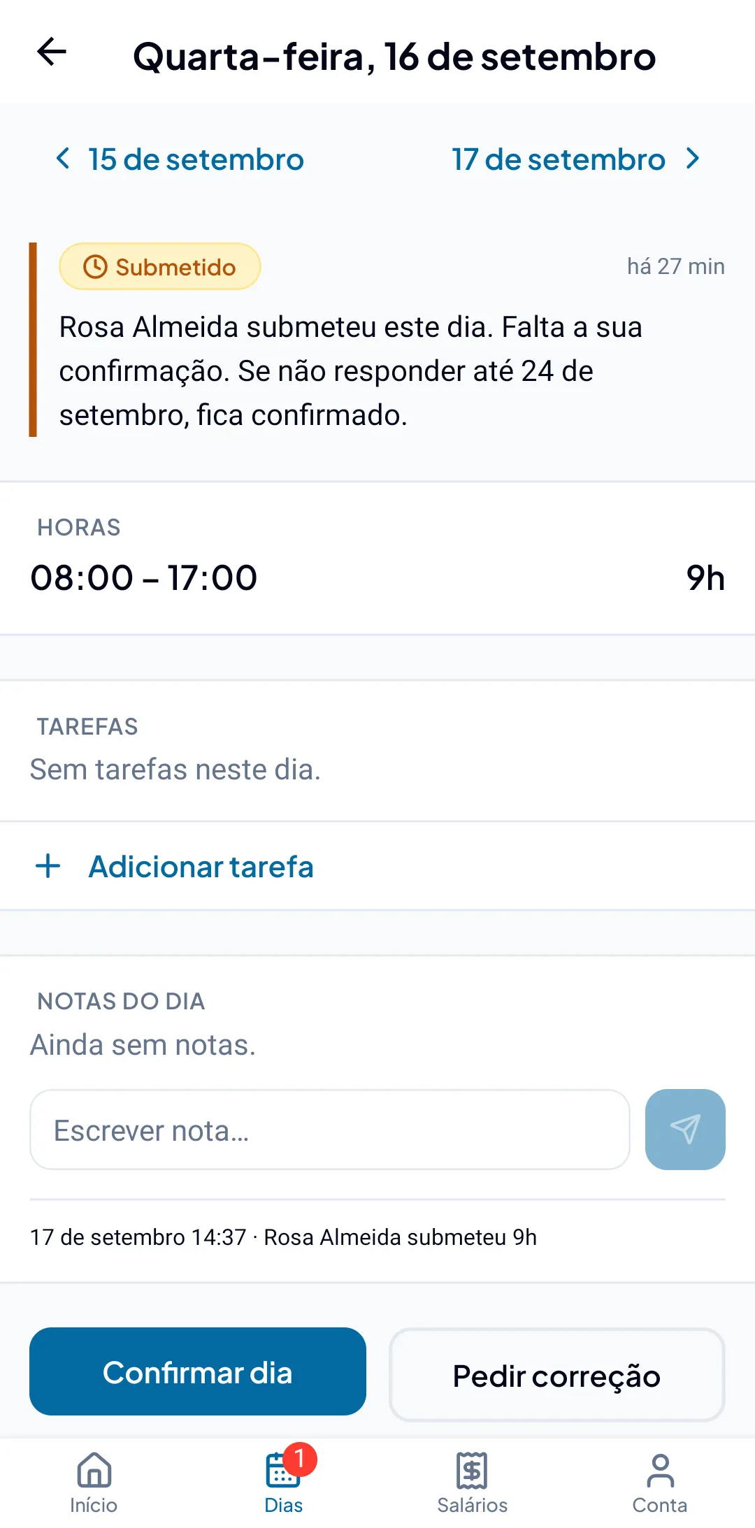 Dia 16 de setembro submetido pela trabalhadora, das 08:00 às 17:00, com os botões Confirmar dia e Pedir correção.