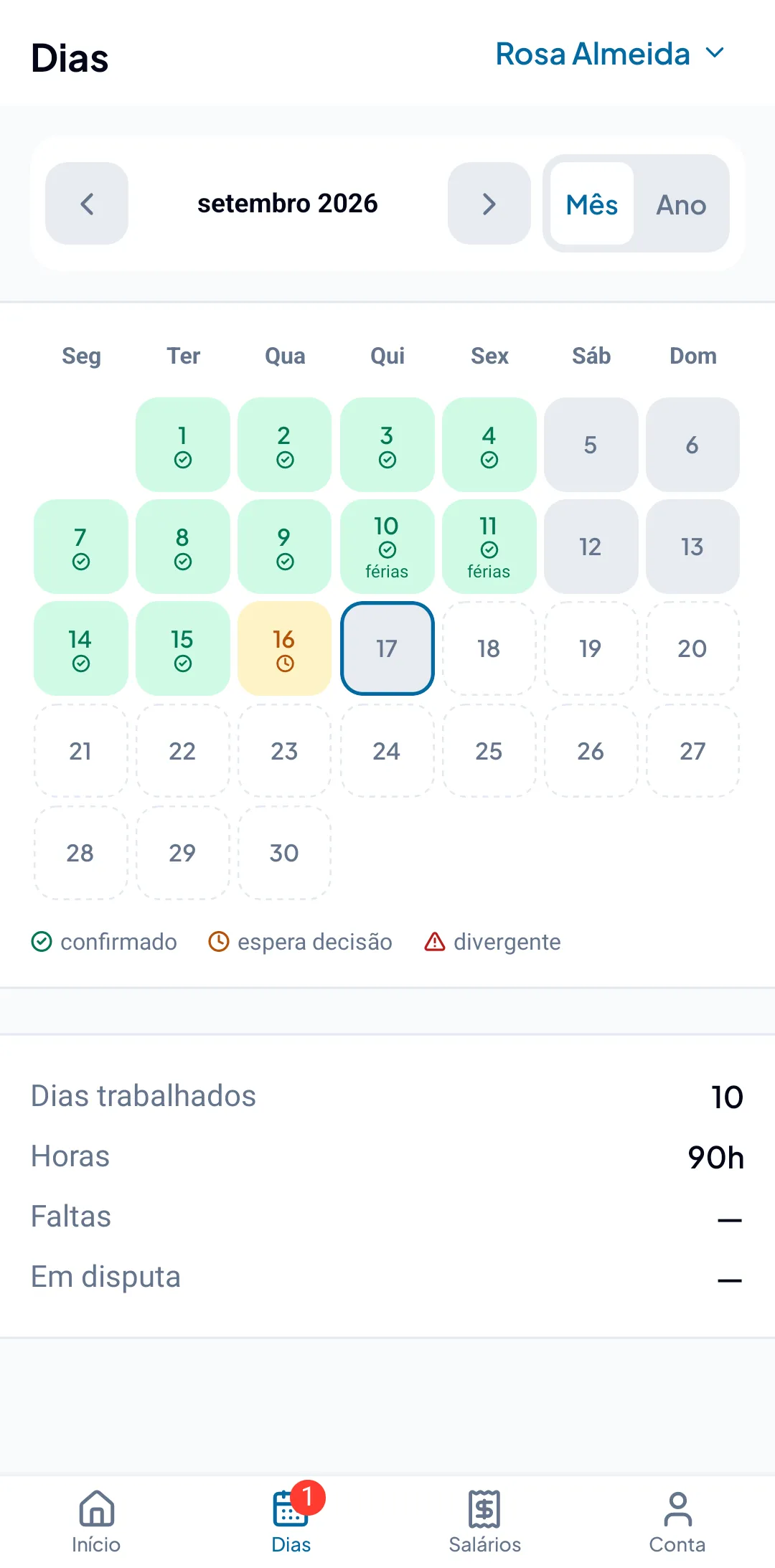 Ecrã Dias da app: calendário de setembro de 2026 com os dias confirmados a verde e um dia à espera de confirmação.