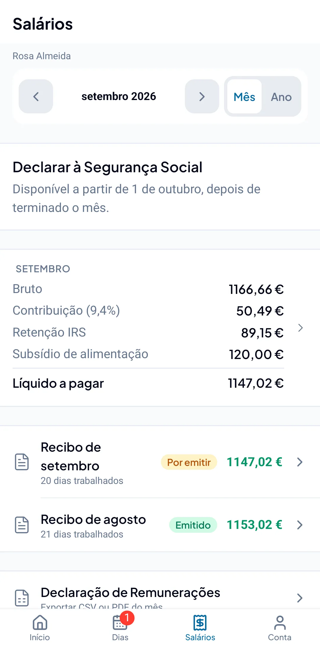 Ecrã Salários de setembro de 2026: bruto de 1166,66 €, contribuição de 50,49 €, retenção de IRS de 89,15 €, subsídio de alimentação de 120,00 € e 1147,02 € líquidos a pagar.