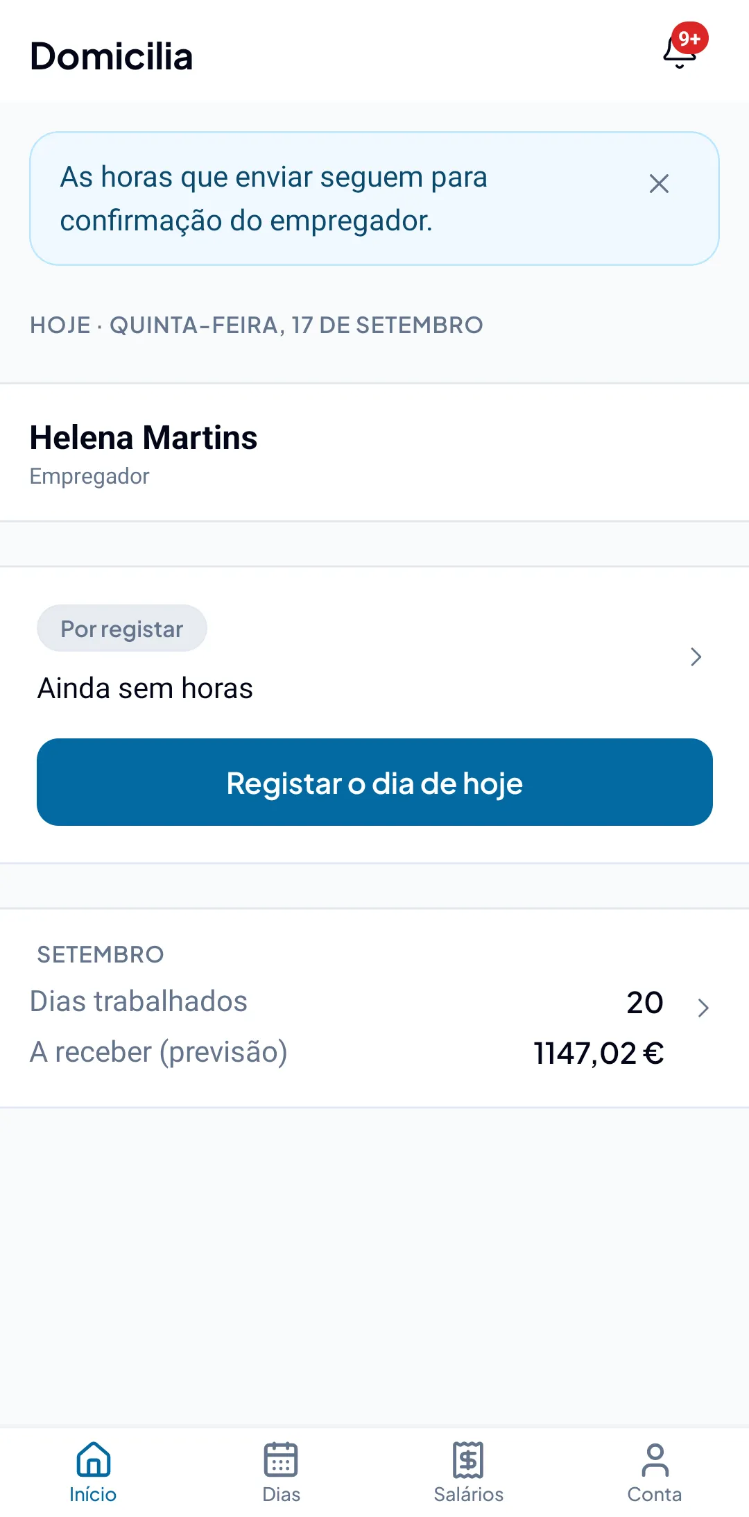 Ecrã Início da trabalhadora, com o botão Registar o dia de hoje e a previsão do mês.